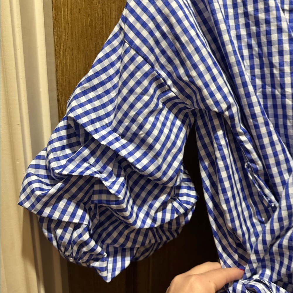 Fashion Nova Blue Checkered Wrap Blouse - Picture 4 of 7